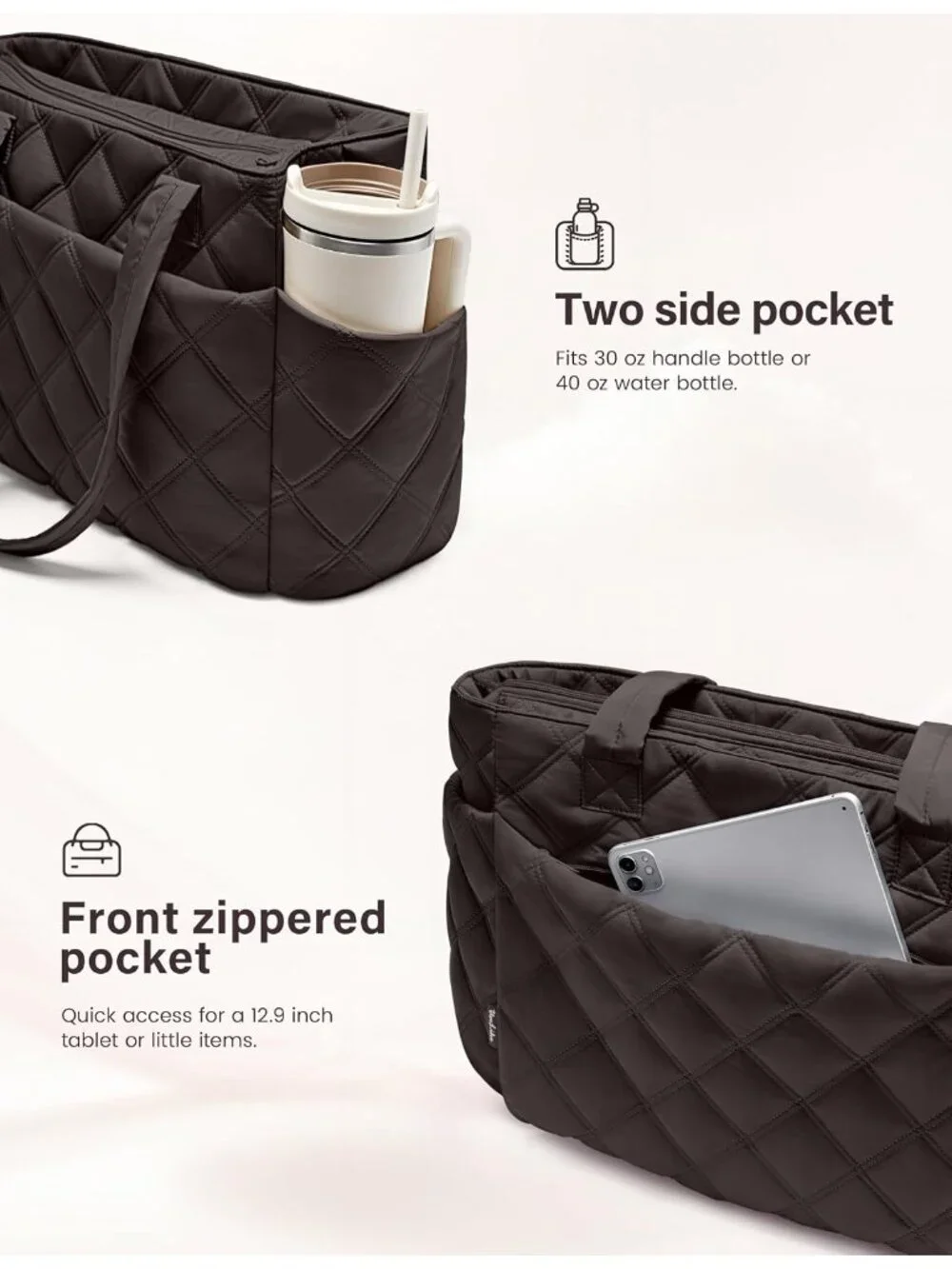 👜Women's Dark Brown Puffer Tote Bags Lightweight Quilted Work For Travel